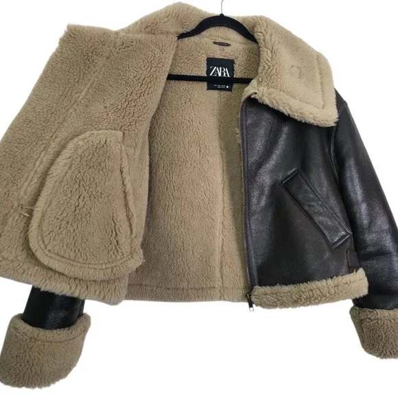 Zara Double Faced Jacket ZW Collection Sherpa Faux Fur Dark Brown Biker Size S - Picture 10 of 16